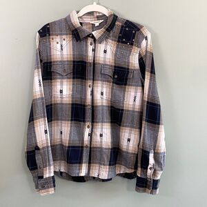 Lucky Brand Button Up Flannel Shirt Embroidered Plaid Womens Large Western
